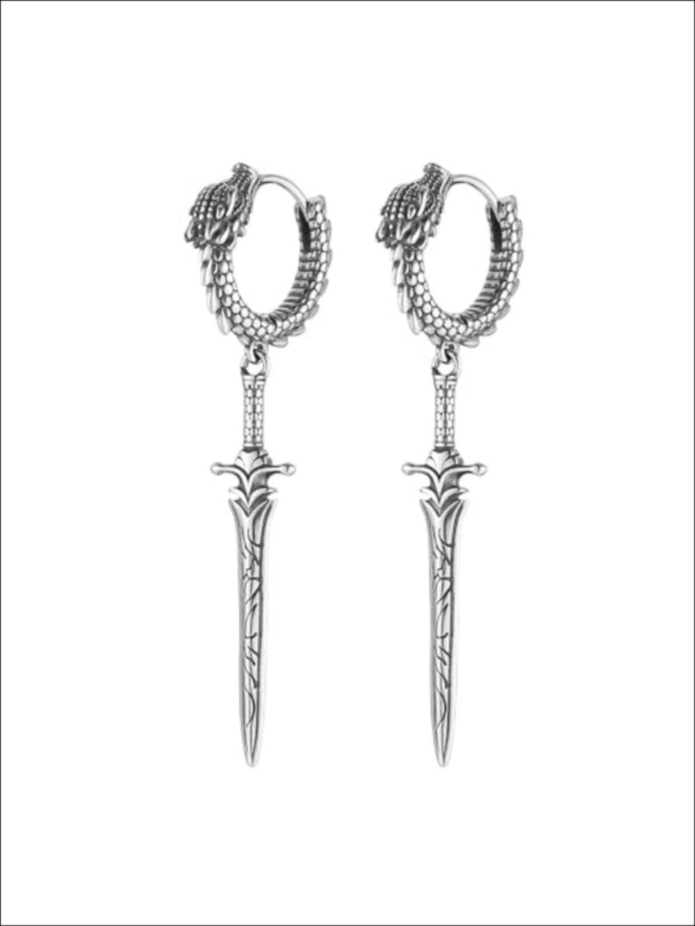 Gothic Stainless Steel Sword Dangle Earrings Hinged Hoop Punk